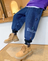 左西男童加绒牛仔裤2021新款中大童加厚哈伦裤儿童秋冬一体绒裤子