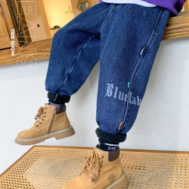 左西男童加绒牛仔裤2021新款中大童加厚哈伦裤儿童秋冬一体绒裤子