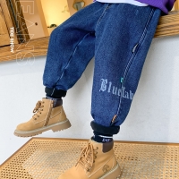 左西男童加绒牛仔裤2021新款中大童加厚哈伦裤儿童秋冬一体绒裤子